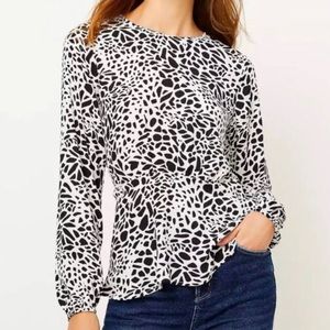 LOFT Animal Print Peplum Blouse - Black and White Abstract Top size 6